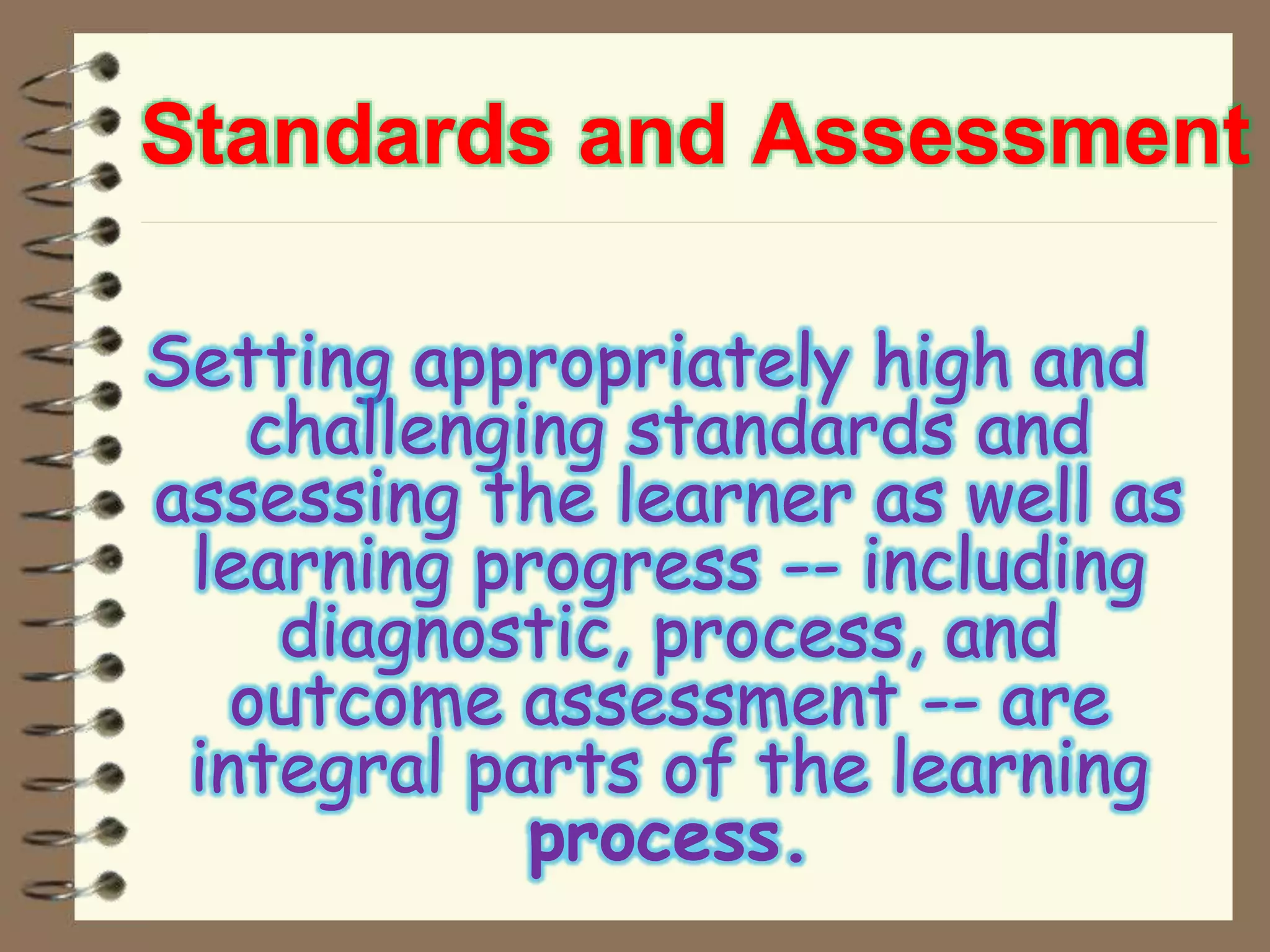 Standards and Assessment
Setting appropriately high and
challenging standards and
assessing the learner as well as
learning progress -- including
diagnostic, process, and
outcome assessment -- are
integral parts of the learning
process.
 
