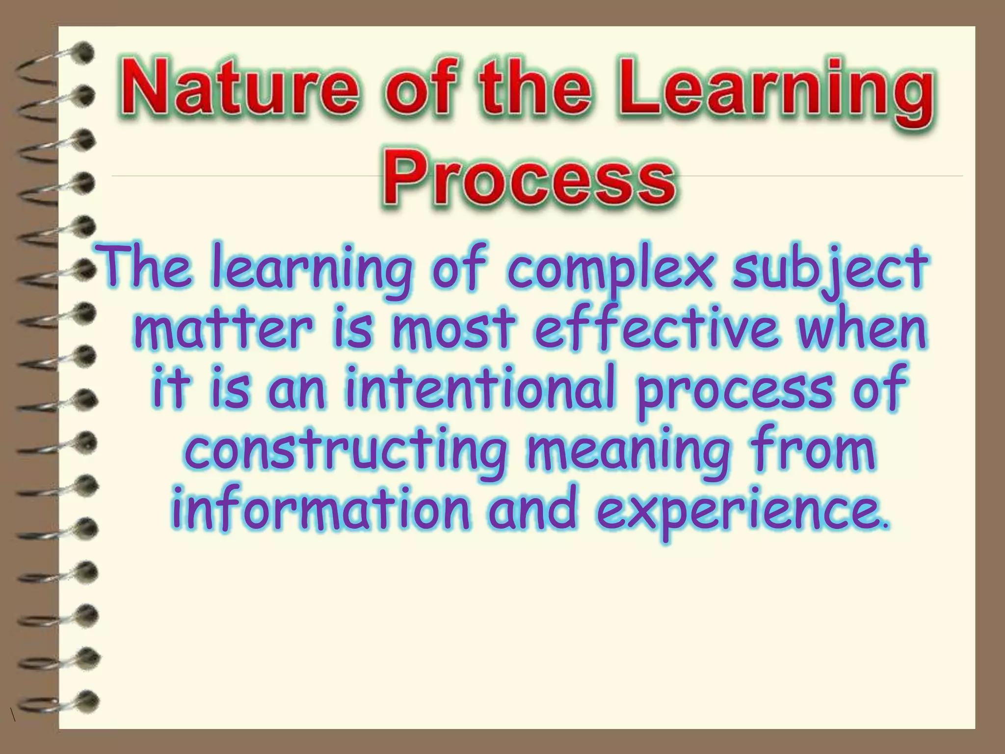 The learning of complex subject
matter is most effective when
it is an intentional process of
constructing meaning from
information and experience.

 