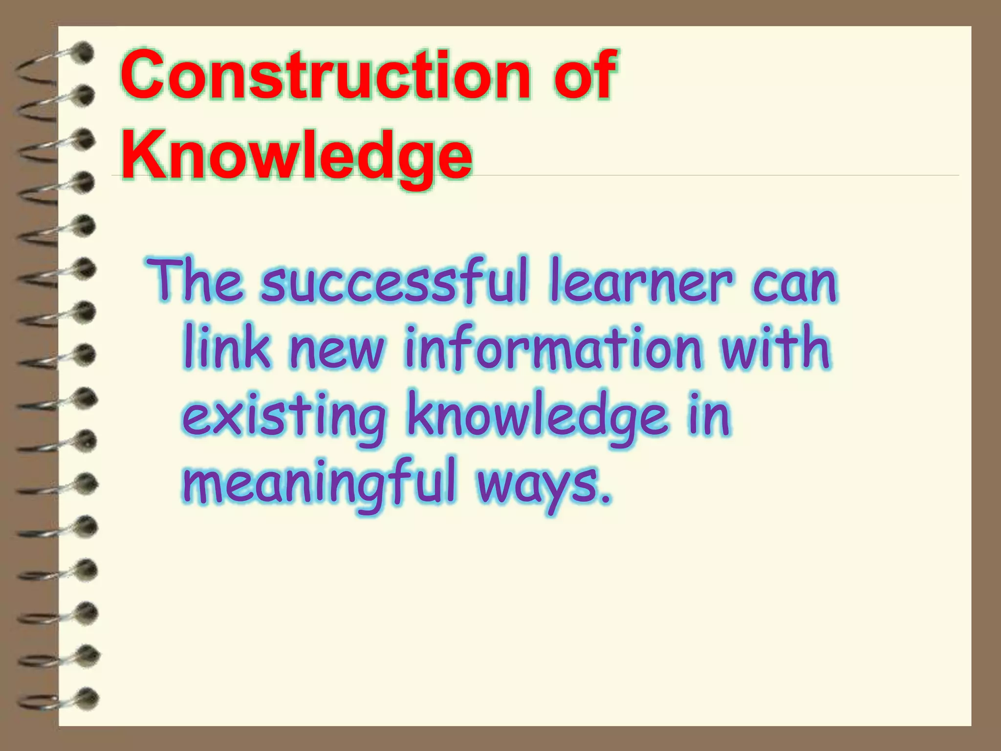 Construction of
Knowledge
The successful learner can
link new information with
existing knowledge in
meaningful ways.
 