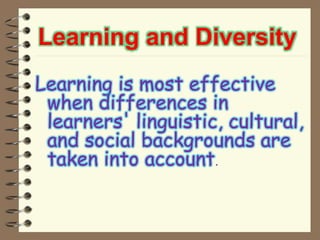 Learning and Diversity
Learning is most effective
when differences in
learners' linguistic, cultural,
and social backgrounds are
taken into account.
 