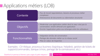 tech.days 2015#mstechdaysSharePoint on-premises et Yammer, quels usages et quelle intégration ?
• Flux de travail (approbations, besoins et processus métier
complexes)
• Arborescence de documents ou information structurée
Contexte
• Moderniser une application métier dont le cœur n’est pas la
conversation, rendre attractif une application
• Enrichir l’application grâce aux échanges entre les utilisateurs
Objectifs
• Intégration de flux de conversation
• Partage des données métier sur le réseau social
• Mise en valeur de l’expertise
Fonctionnalités
 