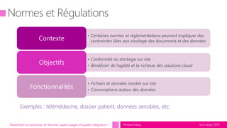tech.days 2015#mstechdaysSharePoint on-premises et Yammer, quels usages et quelle intégration ?
• Certaines normes et règlementations peuvent impliquer des
contraintes liées aux stockage des documents et des donnéesContexte
• Conformité du stockage sur site
• Bénéficier de l’agilité et la richesse des solutions cloud
Objectifs
• Fichiers et données stockés sur site
• Conversations autour des données
Fonctionnalités
 