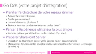 tech.days 2015#mstechdaysSharePoint on-premises et Yammer, quels usages et quelle intégration ?
 