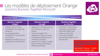 tech.days 2015#mstechdays
solutions Business Together Microsoft
Architecture Lync Hybride: une solution innovante
Business Together
managé
• hébergé et managé dans les
DC Orange au cœur du
réseau
• service managé: SLA,
validation de bout en bout
• ecosystème sélectionné et
certifié par Orange
• paiement à l’usage: 4 profils
• provisioning automatique
(FIM provisioning)
spécifique Client
Business Together
intégré
• Intégré chez le Client
• ecosystème très large de
solutions
• accompagnement,
installation d’une solution
sur mesure
• helpdesk possible pour la
maintenance H/W & S/W
industrialisé
Business Together
as a Service
• fortement industrialisé,
mutualisé, standardisé
• cible 500-5000 users
• scale up and down
• try & buy possible
• provisioning basé sur un
portail web
Toutes les communications
dans le Cloud, pourquoi
pas vous ?
Mercredi 11 février : 14h00-
14h45 S243 Niveau 100!
 