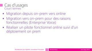 tech.days 2015#mstechdaysArchitecture Lync Hybride: une solution innovante
 Migration depuis on-prem vers online
 Migration vers on-prem pour des raisons
fonctionnelles (Enterprise Voice)
 Réaliser un pilote fonctionnel online suivi d’un
déploiement on prem
Court termes
 
