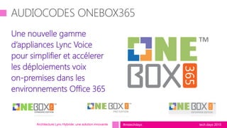 tech.days 2015#mstechdays
Une nouvelle gamme
d’appliances Lync Voice
pour simplifier et accélerer
les déploiements voix
on-premises dans les
environnements Office 365
Architecture Lync Hybride: une solution innovante
 