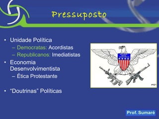 Pressuposto Unidade Política Democratas:  Acordistas Republicanos:  Imediatistas Economia Desenvolvimentista Ética Protestante “ Doutrinas” Políticas 