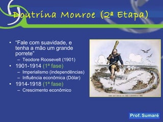 Doutrina Monroe (2ª Etapa) “ Fale com suavidade, e tenha a mão um grande porrete” Teodore Roosevelt (1901) 1901-1914  (1ª fase) Imperialismo (independências) Influência econômica (Dólar) 1914-1918  (1ª fase) Crescimento econômico 