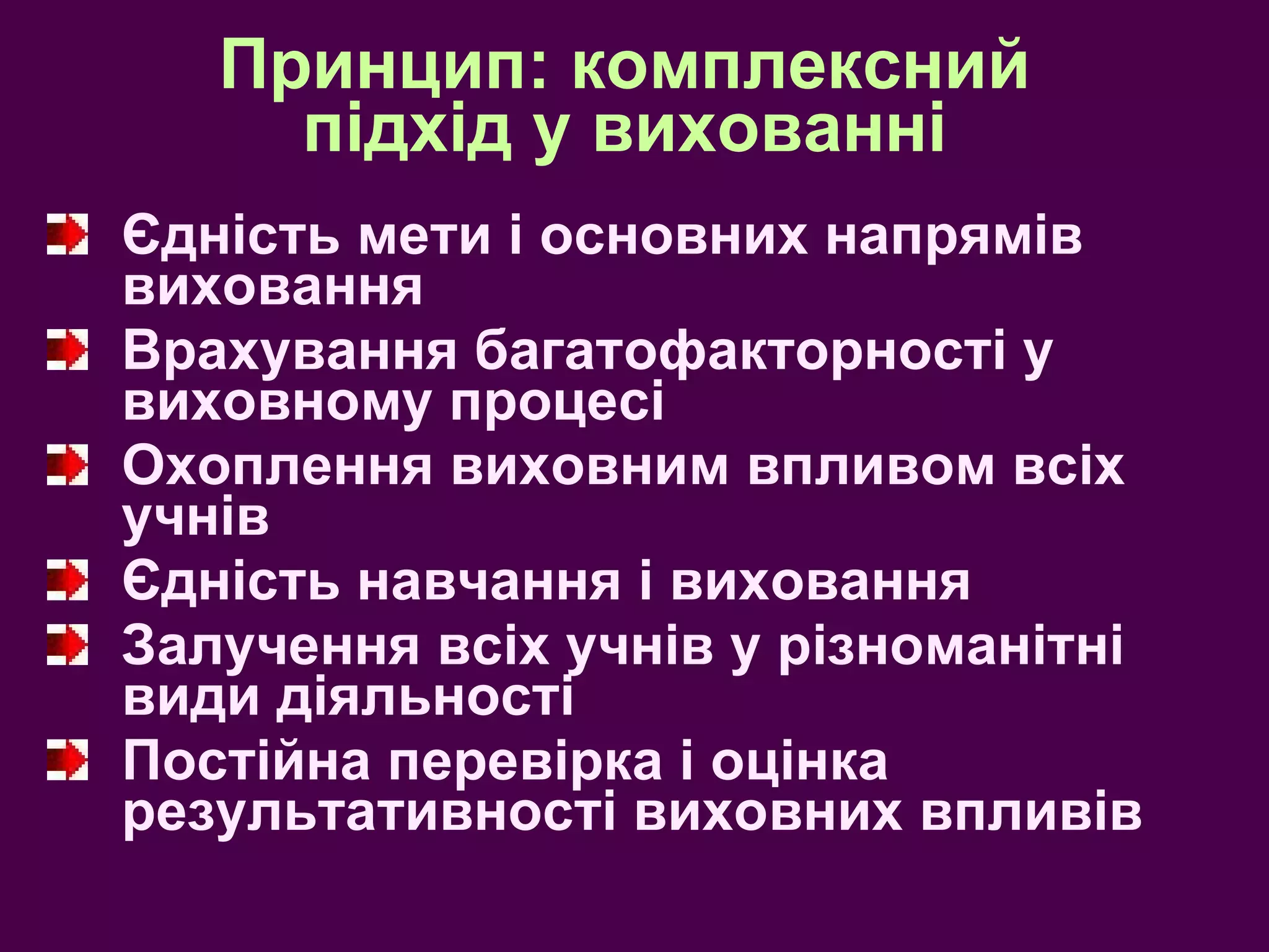 Принцип: комплексний підхід у вихованні Єдність мети і основних напрямів виховання Врахування багатофакторності у виховному процесі Охоплення виховним впливом всіх учнів Єдність навчання і виховання Залучення всіх учнів у різноманітні види діяльності Постійна перевірка і оцінка результативності виховних впливів 