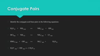 Conjugate Pairs
� Identify the conjugate acid base pairs in the following equations:
� H2O (l) + NH3 (aq) ↔ NH4
+
(aq) + OH-
(aq)
� HCl(aq) + NH3 (l) ↔ NH4
+
(aq) + Cl-
(aq)
� HSO4
-
(aq) + OH-
(aq) ↔ SO4
2-
(aq) + H2O (l)
� H3O+
(aq) + OH-
(aq) ↔ 2 H2O (l)
 