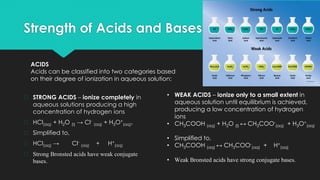 Strength of Acids and Bases
� STRONG ACIDS – ionize completely in
aqueous solutions producing a high
concentration of hydrogen ions
� HCl(aq) + H2O (l) → Cl-
(aq) + H3O+
(aq),
� Simplified to,
� HCl(aq) → Cl-
(aq) + H+
(aq)
� Strong Bronsted acids have weak conjugate
bases.
• WEAK ACIDS – ionize only to a small extent in
aqueous solution until equilibrium is achieved,
producing a low concentration of hydrogen
ions
• CH3COOH (aq) + H2O (l) ↔ CH3COO-
(aq) + H3O+
(aq)
• Simplified to,
• CH3COOH (aq) ↔ CH3COO-
(aq) + H+
(aq)
• Weak Bronsted acids have strong conjugate bases.
ACIDS
Acids can be classified into two categories based
on their degree of ionization in aqueous solution:
 