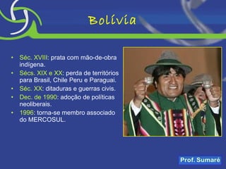Bolívia Séc. XVIII : prata com mão-de-obra indígena. Sécs. XIX e XX : perda de territórios para Brasil, Chile Peru e Paraguai. Séc. XX : ditaduras e guerras civis. Dec. de 1990 : adoção de políticas neoliberais. 1996 : torna-se membro associado do MERCOSUL. 