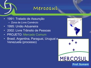 Mercosul 1991: Tratado de Assunção  Zona de Livre Comércio 1995: União Aduaneira 2002: Livre Trânsito de Pessoas PROJETO:  Mercado Comum Brasil, Argentina, Paraguai, Uruguai e Venezuela (processo) 