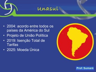 Unasul 2004: acordo entre todos os países da América do Sul Projeto de União Política 2019: Isenção Total de Tarifas 2025: Moeda Única 