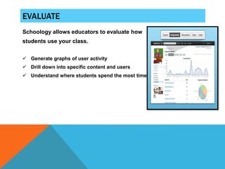 EVALUATE
Schoology allows educators to evaluate how
students use your class.


 Generate graphs of user activity
 Drill down into specific content and users
 Understand where students spend the most time
 