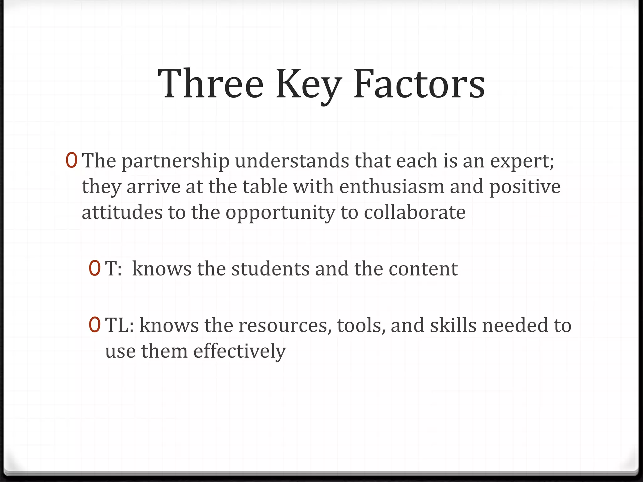 Three Key Factors
0 The partnership understands that each is an expert;
they arrive at the table with enthusiasm and positive
attitudes to the opportunity to collaborate
0 T: knows the students and the content
0 TL: knows the resources, tools, and skills needed to
use them effectively
 