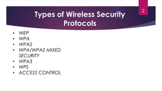 2
Types of Wireless Security
Protocols
• WEP
• WPA
• WPA2
• WPA/WPA2 MIXED
SECURITY
• WPA3
• WPS
• ACCESS CONTROL
 