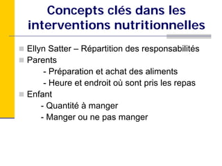Concepts clés dans les
interventions nutritionnelles
Ellyn Satter – Répartition des responsabilités
Parents
     - Préparation et achat des aliments
     - Heure et endroit où sont pris les repas
Enfant
    - Quantité à manger
    - Manger ou ne pas manger
 