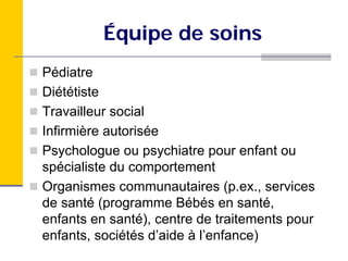 Équipe de soins
Pédiatre
Diététiste
Travailleur social
Infirmière autorisée
Psychologue ou psychiatre pour enfant ou
spécialiste du comportement
Organismes communautaires (p.ex., services
de santé (programme Bébés en santé,
enfants en santé), centre de traitements pour
enfants, sociétés d’aide à l’enfance)
 