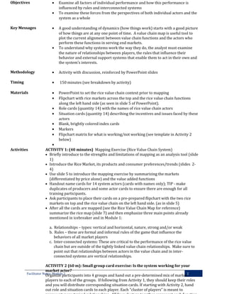 Objectives

•
•

Key Messages

•

•

Examine all factors of individual performance and how this performance is
influenced by rules and interconnected systems
To examine these forces from the perspectives of both individual actors and the
system as a whole
A good understanding of dynamics (how things work) starts with a good picture
of how things are at any one point of time. A value chain map is useful tool to
plot the current alignment between value chain functions and the actors who
perform these functions in serving end markets.
To understand why systems work the way they do, the analyst must examine
the nature of relationships between players, the rules that influence their
behavior and external support systems that enable them to act in their own and
the system’s interests.

Methodology

•

Activity with discussion, reinforced by PowerPoint slides

Timing

•

150 minutes (see breakdown by activity)

Materials

•
•

PowerPoint to set the rice value chain context prior to mapping
Flipchart with rice markets across the top and the rice value chain functions
along the left hand side (as seen in slide 5 of PowerPoint).
Role cards (quantity 14) with the names of rice value chain actors
Situation cards (quantity 14) describing the incentives and issues faced by these
actors
Blank, brightly colored index cards
Markers
Flipchart matrix for what is working/not working (see template in Activity 2
below)

•
•
•
•
•
Activities

•
ACTIVITY 1: (40 minutes) Mapping Exercise (Rice Value Chain System)
• Briefly introduce to the strengths and limitations of mapping as an analysis tool (slide
1)
• Introduce the Rice Market, its products and consumer preferences/trends (slides 24)
• Use slide 5 to introduce the mapping exercise by summarizing the markets
(differentiated by price alone) and the value added functions
• Handout name cards for 14 system actors (cards with names only); TIP - make
duplicates of producers and some actor cards to ensure there are enough for all
training participants.
• Ask participants to place their cards on a pre-prepared flipchart with the two rice
markets on top and the rice value chain on the left hand side. (as in slide 5)
• After all the cards are mapped (see the Rice Value Chain Map for reference)
summarize the rice map (slide 7) and then emphasize three main points already
mentioned in icebreaker and in Module 1:
a. Relationships – types: vertical and horizontal, nature, strong and/or weak
b. Rules – these are formal and informal rules of the game that influence the
behaviors of all market players
c. Inter-connected systems: These are critical to the performance of the rice value
chain but are outside of the tightly linked value chain relationships. Make sure to
point out that relationships between actors in the value chain and in interconnected systems are vertical relationships.

ACTIVITY 2 (60 m): Small group card exercise: Is the system working for your
market actor?
Facilitator Notes: Module 2
Organize participants into 4 groups and hand out a pre-determined mix of market2
players to each of the groups. If following from Activity 1, they should keep their roles
and you will distribute corresponding situation cards. If starting with Activity 2, hand
out role and situation cards to each player. Each “cluster of players” is meant to

 