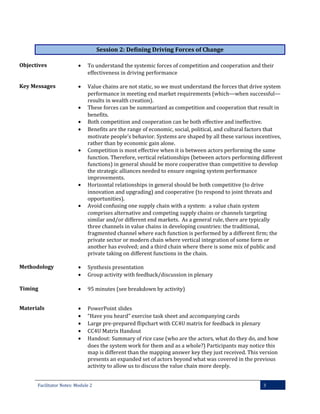 Session 2: Defining Driving Forces of Change
Objectives

•

To understand the systemic forces of competition and cooperation and their
effectiveness in driving performance

Key Messages

•

Value chains are not static, so we must understand the forces that drive system
performance in meeting end market requirements (which—when successful—
results in wealth creation).
These forces can be summarized as competition and cooperation that result in
benefits.
Both competition and cooperation can be both effective and ineffective.
Benefits are the range of economic, social, political, and cultural factors that
motivate people’s behavior. Systems are shaped by all these various incentives,
rather than by economic gain alone.
Competition is most effective when it is between actors performing the same
function. Therefore, vertical relationships (between actors performing different
functions) in general should be more cooperative than competitive to develop
the strategic alliances needed to ensure ongoing system performance
improvements.
Horizontal relationships in general should be both competitive (to drive
innovation and upgrading) and cooperative (to respond to joint threats and
opportunities).
Avoid confusing one supply chain with a system: a value chain system
comprises alternative and competing supply chains or channels targeting
similar and/or different end markets. As a general rule, there are typically
three channels in value chains in developing countries: the traditional,
fragmented channel where each function is performed by a different firm; the
private sector or modern chain where vertical integration of some form or
another has evolved; and a third chain where there is some mix of public and
private taking on different functions in the chain.

•
•
•
•

•
•

Methodology

•
•

Synthesis presentation
Group activity with feedback/discussion in plenary

Timing

•

95 minutes (see breakdown by activity)

Materials

•
•
•
•
•

PowerPoint slides
“Have you heard” exercise task sheet and accompanying cards
Large pre-prepared flipchart with CC4U matrix for feedback in plenary
CC4U Matrix Handout
Handout: Summary of rice case (who are the actors, what do they do, and how
does the system work for them and as a whole?) Participants may notice this
map is different than the mapping answer key they just received. This version
presents an expanded set of actors beyond what was covered in the previous
activity to allow us to discuss the value chain more deeply.

Facilitator Notes: Module 2

3

 