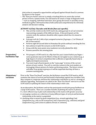 o

joint action to respond to opportunities and guard against threats faced in common
by players in the system.
The “have you heard” exercise is simply a teaching device to assess the current
picture of how a system works. You will need to be aware a range of diagnostic tools
—such as mapping, individual interview, focus group discussion or possibly survey
methods to gather information that is both useful and comprehensive for informed
analysis and decision making.

ACTIVITY 4 (15m): Charades with Words (Not case-specific)
• This activity reinforces the CC4U matrix by asking groups to act out scenarios
representing examples of the different boxes. If the participants act the
scenario well, the audience should be able to guess which box it is meant to
represent.
• 4 groups each do 2 skits of pre-assigned scenarios (4 groups x 2 or 8 boxes of
the 16 box matrix)
• Perform eight 60-second skits to dramatize the points without revealing the box
• Ask audience to plot the scenario on the CC4U matrix
• Group with the most points wins (audience correctly plotted the skit)
• Present award for the winning team
Preparation/
Facilitation Tips

•

•

Adaptations/
variations

Pre-prepare a CC4U matrix on a flip chart for your context before you begin—
some quadrants may not be filled in if they do not apply to your context (e.g., a
high degree of vertical competition that is effective is typically found only in
highly developed economies).
You want to get all participants on the “same page” in terms of the current
picture of your context. You will re-visit this context in the next module on
envisaging a future picture of a better performing system. The future visions
will differ from group to group so it will be important that they all have a
common starting point.

Prior to the “Have You Heard” exercise, the facilitators reveal the CC4U matrix, which
examines the nature of vertical and horizontal relationships against two variables: how
they compete or cooperate and how this relationship contributes or not to a strategy of
industry upgrading. Participants are asked in the “Have You Heard” exercise to use the
CC4U matrix in plotting the nature of the relationship in their case.
As an alternative, the facilitator and not the participants would plot group feedback on
a large CC4U matrix. There are a number benefits of plotting the matrix in plenary:
• a more efficient way to plot each relationship on the matrix with greater accuracy
• envisaging a system as a collection of many different types of vertical and horizontal
relationship as the matrix is populated
• clarifying what is meant by good competition (e.g., around upgrading), bad
competition (e.g., only on the transaction), bad cooperation (e.g., collusion) and good
cooperation (e.g., joint action to address threats in common).

Facilitator Notes: Module 2

5

 