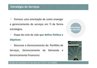 Estratégia de Serviços


     Fornece uma orientação de como enxergar
o gerenciamento de serviços em Ti de forma
                                                               Estratégia
estratégica.                                                   de Serviço

     Etapa do ciclo de vida que define Política e
Objetivos

     Descreve o Gerenciamento de: Portfólio de
Serviços,      Gerenciamento           da    Demanda       e
Gerenciamento Financeiro

                                                                            13
Gestão da Qualidade em Serviços de TI (ITIL / ISO 20000)
 