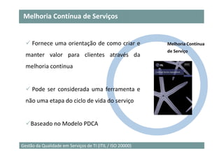 Melhoria Contínua de Serviços


     Fornece uma orientação de como criar e                Melhoria Contínua
                                                           de Serviço
  manter valor para clientes através da
  melhoria continua


     Pode ser considerada uma ferramenta e
  não uma etapa do ciclo de vida do serviço


    Baseado no Modelo PDCA


                                                                        17
Gestão da Qualidade em Serviços de TI (ITIL / ISO 20000)
 