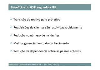 Benefícios do GSTI segundo a ITIL


    Transição de reativo para pró-ativo

    Requisições de clientes são resolvidas rapidamente

    Redução no número de incidentes

    Melhor gerenciamento do conhecimento

    Redução da dependência sobre as pessoas chaves


                                                           23
Gestão da Qualidade em Serviços de TI (ITIL / ISO 20000)
 