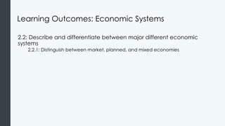 Learning Outcomes: Economic Systems
2.2: Describe and differentiate between major different economic
systems
2.2.1: Distinguish between market, planned, and mixed economies
 