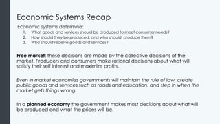 Economic Systems Recap
Economic systems determine:
1. What goods and services should be produced to meet consumer needs?
2. How should they be produced, and who should produce them?
3. Who should receive goods and services?
Free market: these decisions are made by the collective decisions of the
market. Producers and consumers make rational decisions about what will
satisfy their self interest and maximize profits.
Even in market economies governments will maintain the rule of law, create
public goods and services such as roads and education, and step in when the
market gets things wrong.
In a planned economy the government makes most decisions about what will
be produced and what the prices will be.
 