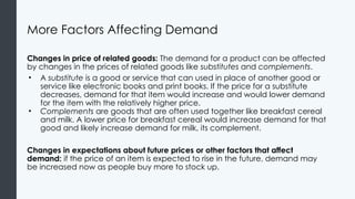 More Factors Affecting Demand
Changes in price of related goods: The demand for a product can be affected
by changes in the prices of related goods like substitutes and complements.
• A substitute is a good or service that can used in place of another good or
service like electronic books and print books. If the price for a substitute
decreases, demand for that item would increase and would lower demand
for the item with the relatively higher price.
• Complements are goods that are often used together like breakfast cereal
and milk. A lower price for breakfast cereal would increase demand for that
good and likely increase demand for milk, its complement.
Changes in expectations about future prices or other factors that affect
demand: if the price of an item is expected to rise in the future, demand may
be increased now as people buy more to stock up.
 