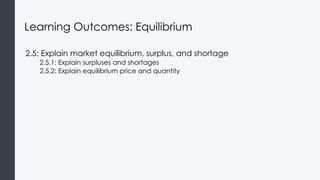 Learning Outcomes: Equilibrium
2.5: Explain market equilibrium, surplus, and shortage
2.5.1: Explain surpluses and shortages
2.5.2: Explain equilibrium price and quantity
 