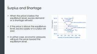 Surplus and Shortage
• When the price is below the
equilibrium level, excess demand
or a shortage will exist.
• If the price is above the equilibrium
level, excess supply or a surplus will
exist.
• In either case, economic pressures
will push the price toward the
equilibrium level.
 