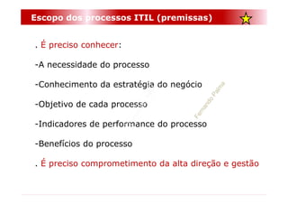 Escopo dos processos ITIL (premissas)


. É preciso conhecer:

-A necessidade do processo

-Conhecimento da estratégia do negócio

-Objetivo de cada processo

-Indicadores de performance do processo

-Benefícios do processo

. É preciso comprometimento da alta direção e gestão
 