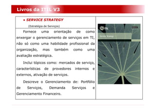 Livros da ITIL V3

     ● SERVICE STRATEGY
       (Estratégia de Serviços)

     Fornece      uma     orientação     de   como
enxergar o gerenciamento de serviços em TI,
não só como uma habilidade profissional da
organização,       mas     também      como       uma
avaliação estratégica.

     Inclui tópicos como: mercados de serviço,
características    de    provedores     internos    e
externos, ativação de serviços.

     Descreve o Gerenciamento de: Portfólio
de     Serviços,        Demanda        Serviços     e
Gerenciamento Financeiro.
 