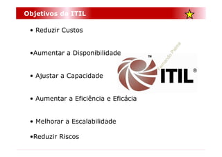Objetivos da ITIL

 • Reduzir Custos


 •Aumentar a Disponibilidade


 • Ajustar a Capacidade


 • Aumentar a Eficiência e Eficácia


 • Melhorar a Escalabilidade

 •Reduzir Riscos
 
