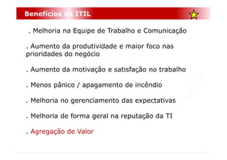 Benefícios da ITIL

 . Melhoria na Equipe de Trabalho e Comunicação

. Aumento da produtividade e maior foco nas
prioridades do negócio

. Aumento da motivação e satisfação no trabalho

. Menos pânico / apagamento de incêndio

. Melhoria no gerenciamento das expectativas

. Melhoria de forma geral na reputação da TI

. Agregação de Valor
 