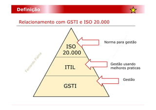 Definição

Relacionamento com GSTI e ISO 20.000



                                 Norma para gestão
                  ISO
                 20.000

                                       Gestão usando
                  ITIL                 melhores praticas


                                              Gestão

                 GSTI
 