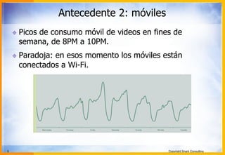 5 Copyright Snark Consulting
Antecedente 2: móviles
! Picos de consumo móvil de videos en fines de
semana, de 8PM a 10PM.
! Paradoja: en esos momento los móviles están
conectados a Wi-Fi.
 