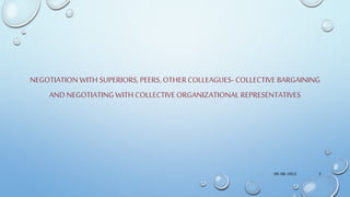 NEGOTIATION WITH SUPERIORS, PEERS, OTHERCOLLEAGUES- COLLECTIVE BARGAINING
AND NEGOTIATING WITH COLLECTIVE ORGANIZATIONAL REPRESENTATIVES
09-08-2022 2
 