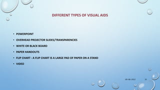 DIFFERENT TYPES OF VISUAL AIDS
• POWERPOINT
• OVERHEAD PROJECTOR SLIDES/TRANSPARENCIES
• WHITE OR BLACK BOARD
• PAPER HANDOUTS
• FLIP CHART - A FLIP CHART IS A LARGE PAD OF PAPER ON A STAND
• VIDEO
09-08-2022 35
 