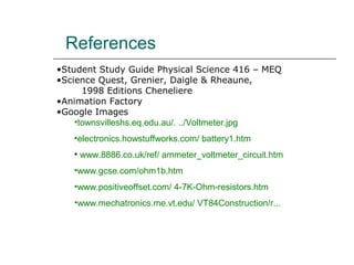 References
•Student Study Guide Physical Science 416 – MEQ
•Science Quest, Grenier, Daigle & Rheaune,
      1998 Editions Cheneliere
•Animation Factory
•Google Images
    •townsvilleshs.eq.edu.au/. ../Voltmeter.jpg
   •electronics.howstuffworks.com/ battery1.htm
   • www.8886.co.uk/ref/ ammeter_voltmeter_circuit.htm
   •www.gcse.com/ohm1b.htm
   •www.positiveoffset.com/ 4-7K-Ohm-resistors.htm
   •www.mechatronics.me.vt.edu/ VT84Construction/r...
 