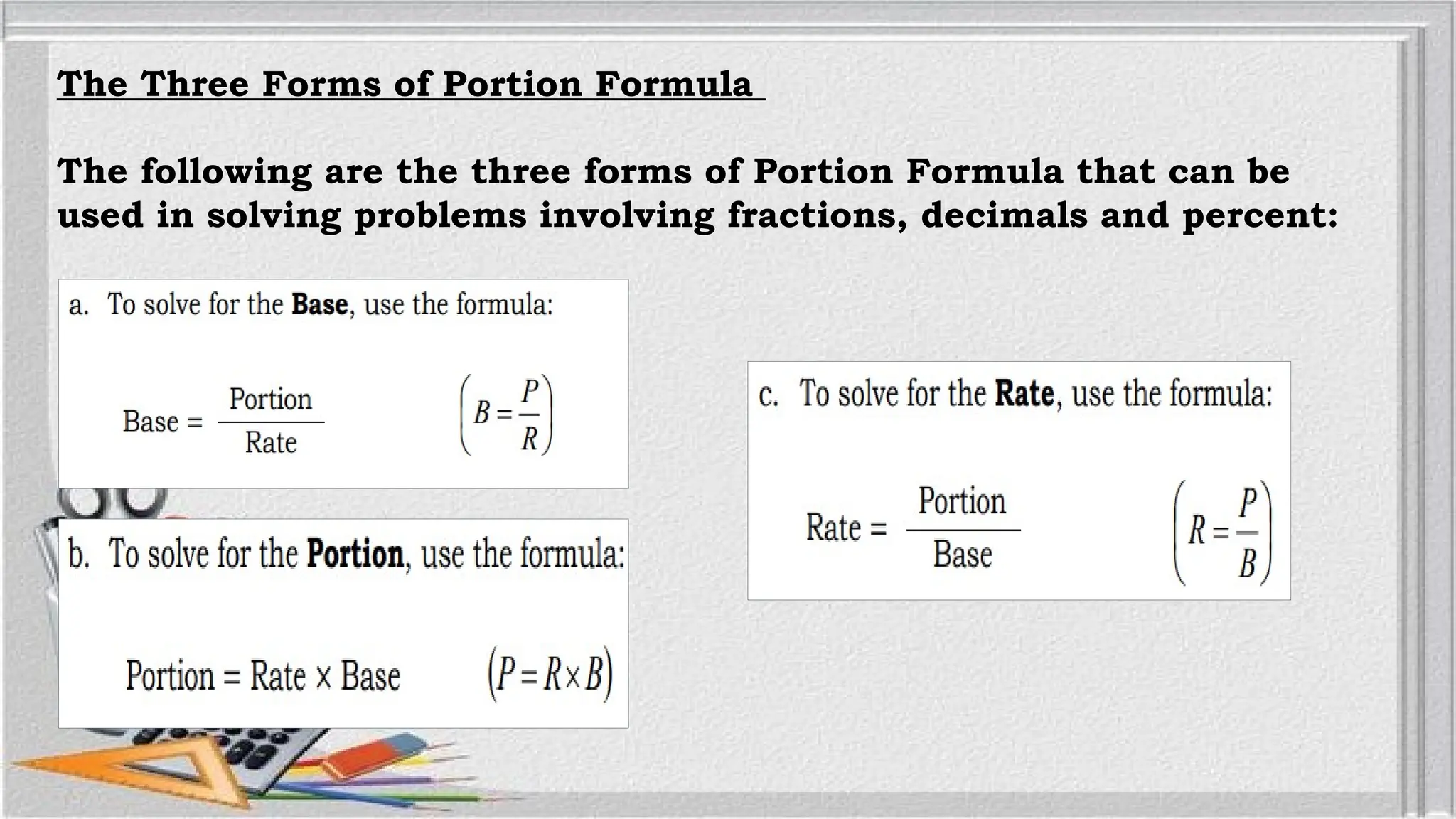 The Three Forms of Portion Formula
The following are the three forms of Portion Formula that can be
used in solving problems involving fractions, decimals and percent:
 