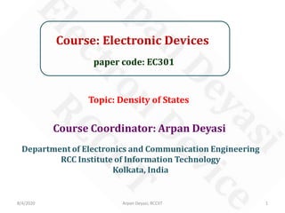 Course: Electronic Devices
paper code: EC301
Course Coordinator: Arpan Deyasi
Department of Electronics and Communication Engineering
RCC Institute of Information Technology
Kolkata, India
8/4/2020 1Arpan Deyasi, RCCIIT
Topic: Density of States
 