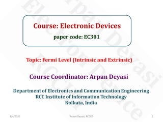 Course: Electronic Devices
paper code: EC301
Course Coordinator: Arpan Deyasi
Department of Electronics and Communication Engineering
RCC Institute of Information Technology
Kolkata, India
8/4/2020 1Arpan Deyasi, RCCIIT
Topic: Fermi Level (Intrinsic and Extrinsic)
 