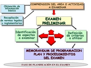 COMPRENSION DEL AREA O ACTIVIDAD A EXAMINAR EXAMEN  PRELIMINAR Identificación  de aspectos a examinar Definición  de criterios  a utilizar Recopilación  de normas legales  y reglamentarias Obtención de  información  básica   FASE DE PLANIFICACIÓN EN EL EXAMEN MEMORANDUM DE PROGRAMACION PLAN Y PROCEDIMIENTOS DEL EXAMEN 