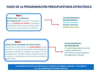 FASES DE LA PROGRAMACIÓN PRESUPUESTARIA ESTRATÉGICA SUS INSTRUMENTOS METODOLÓGICOS Modelo conceptual Modelo explicativo Modelo prescriptivo SUS INSTRUMENTOS METODOLÓGICOS El modelo lógico  se  deriva de los modelos explicativo y prescriptivo, que son productos del diagnóstico realizado La Condición de Interés que determina un Programa Estratégico responde  a un problema o a una problemática de Ámbito Nacional 