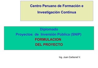 Centro Peruano de Formación e
            Investigación Continua



             Diplomado
Proyectos de Inversión Pública (SNIP)
          FORMULACION
          DEL PROYECTO


                        Ing. Juan Carbonel V.
 