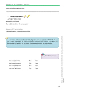 139
ÁREADEINTERPRETACIÓNYPRODUCCIÓNDETEXTOS:LENGUAEXTRANJERA–
INGLÉS
Educación de Jóvenes y Adultos
Have Pepe and Moni got twosons?
............................................................................................................
e. LET´S READ AND WRITE!
¡LEAMOS Y ESCRIBAMOS!
Read about Juan´s family.
True or false? Underline the correct option
Lee acerca de la familia de Juan.
¿Verdadero o falso? Subraya la opción correcta
Juan has got parents True False
Juan has got twoaunts True False
Juan has got fiveuncles True False
Juan hasn’t got cousins True False
Juan and his family are from Córdoba, Argentina. Juan has got a beautiful family. He has
got a mother and a father. His mother has got two sisters and three brothers. Juan´s father has
got a brother but he hasn’t got any sisters. Juan has got ten cousins. He loves his family.
Beautiful: hermoso/a
 